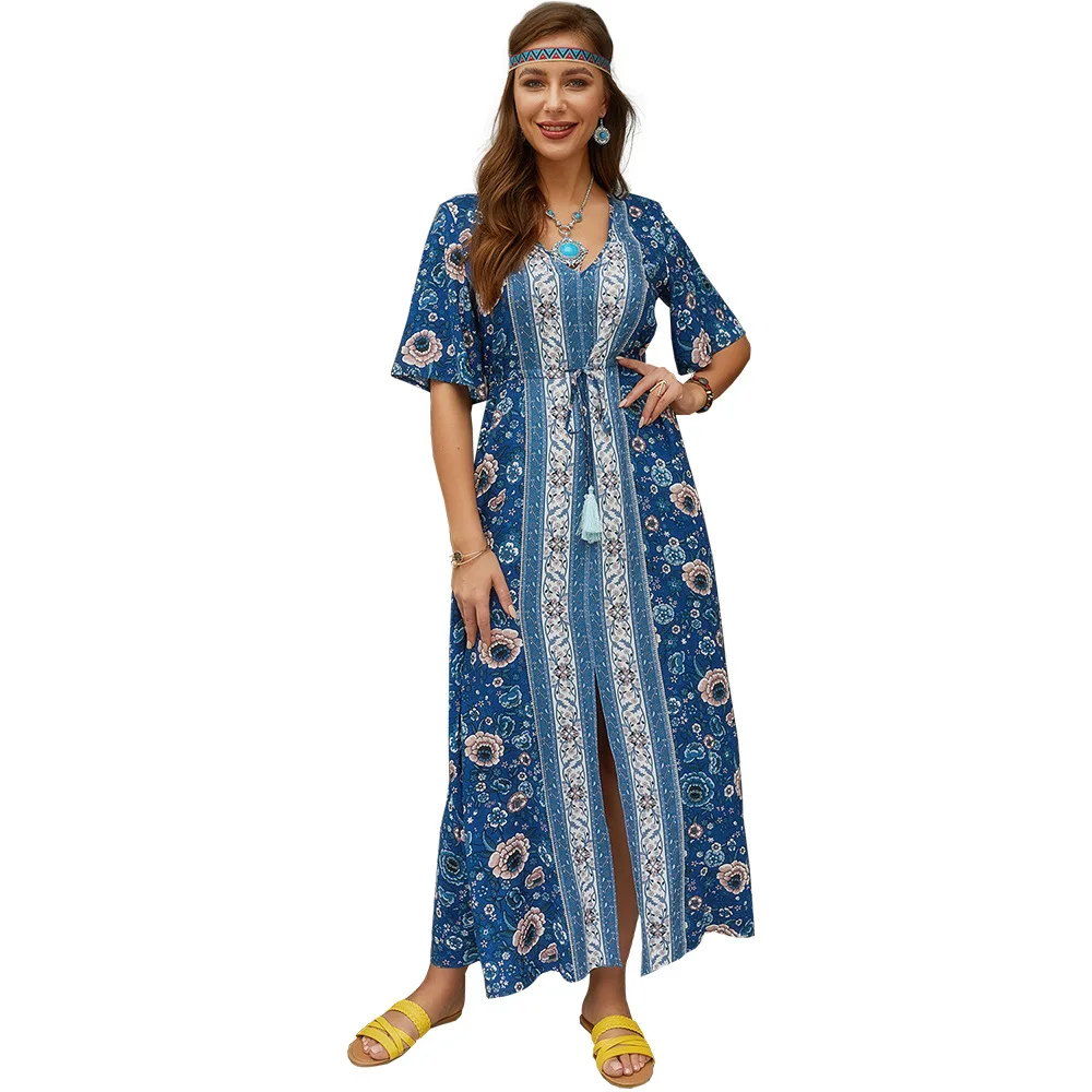 Женское платье с v образным вырезом повседневное длинное принтом в богемном