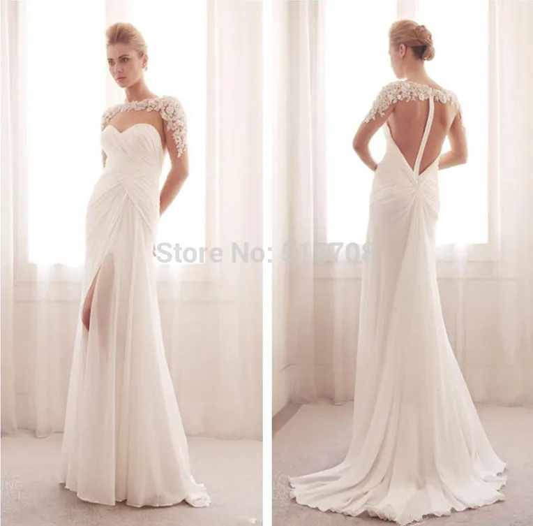 Eleagnt Beach 2015 Summer Wedding Dress Appliques A-Line Scoop Zipper Back Sheer Long Sleeve Split Side Sweep Train Bridal Gown | Свадьбы и