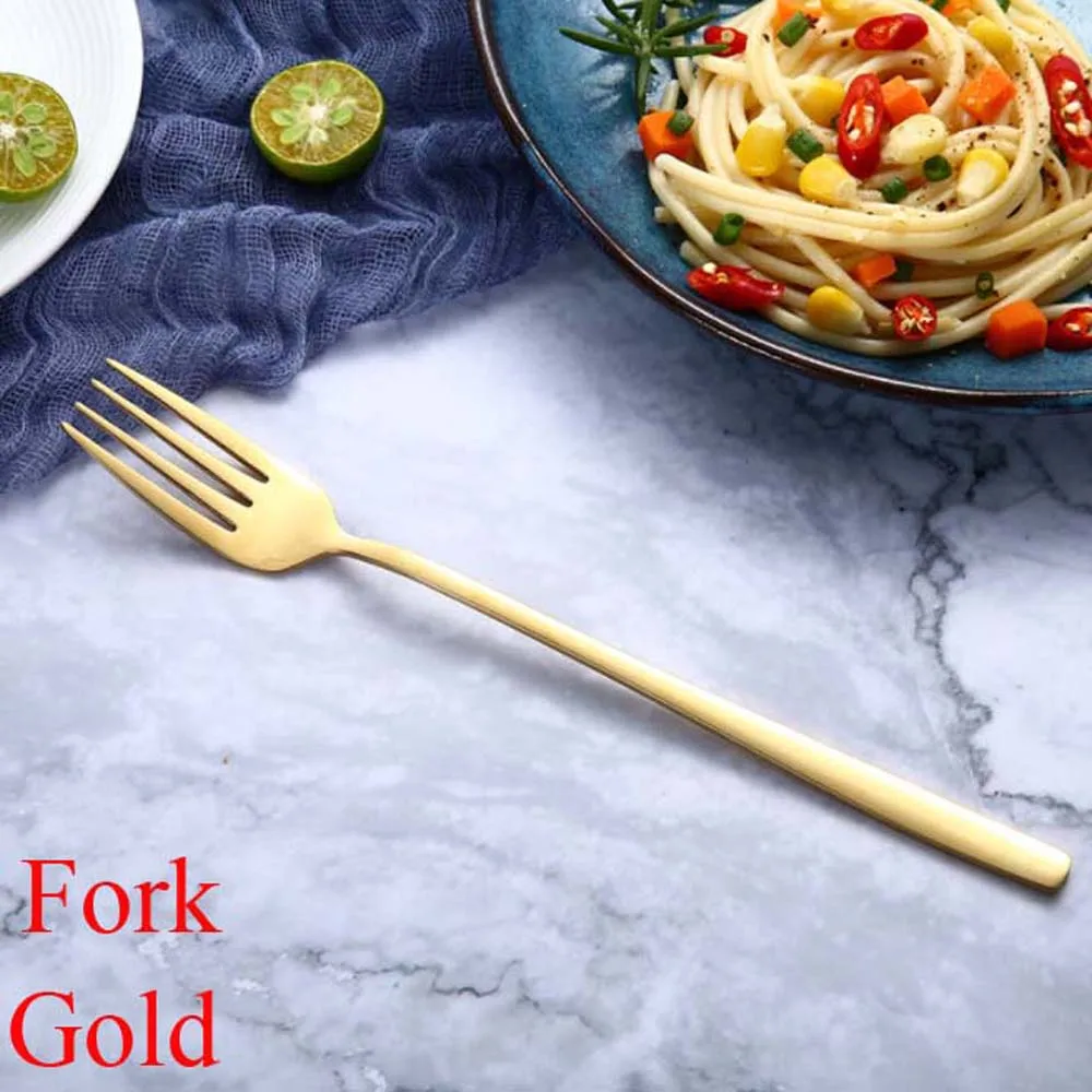 Fork gold Посуда из нержавеющей стали цвета радуги ложка с длинной ручкой вилка Совок Мороженое Ложки для чая и кофе столовые приборы кухонные принадлежности - Цвет: Fork gold