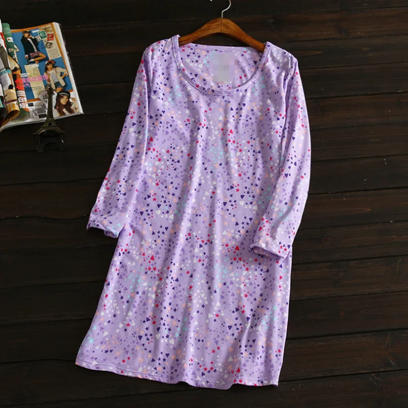 Женское Хлопковое платье ночная рубашка с длинным рукавом фиолетовое