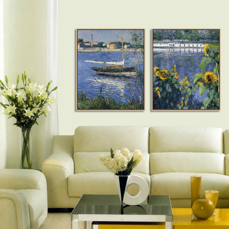 

Картина маслом с подсолнухом и парусником на холсте с рамкой и без него, домашний декор