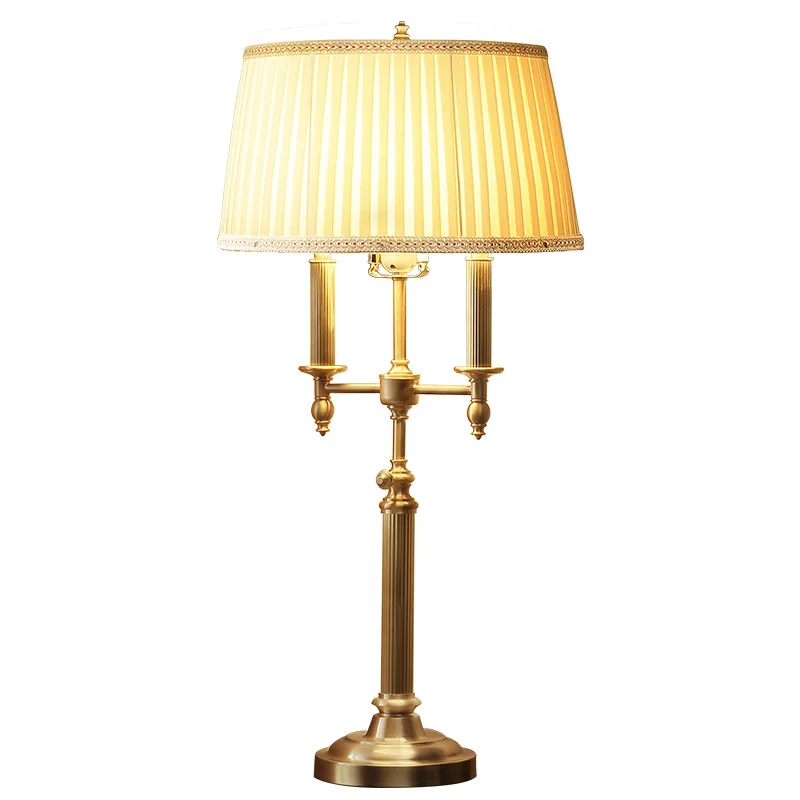 

Luminaria Nordic European Copper LED Table Lamp for Bedroom American Cloth Lampshade Study Bedside Golden Table Light Fixtures