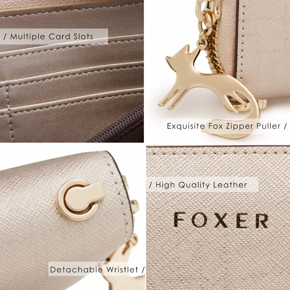 FOXER женские длинные кошельки из спилка, женский клатч, модный держатель для карт, Роскошный кошелек для мобильного телефона, Женский кошелек на молнии