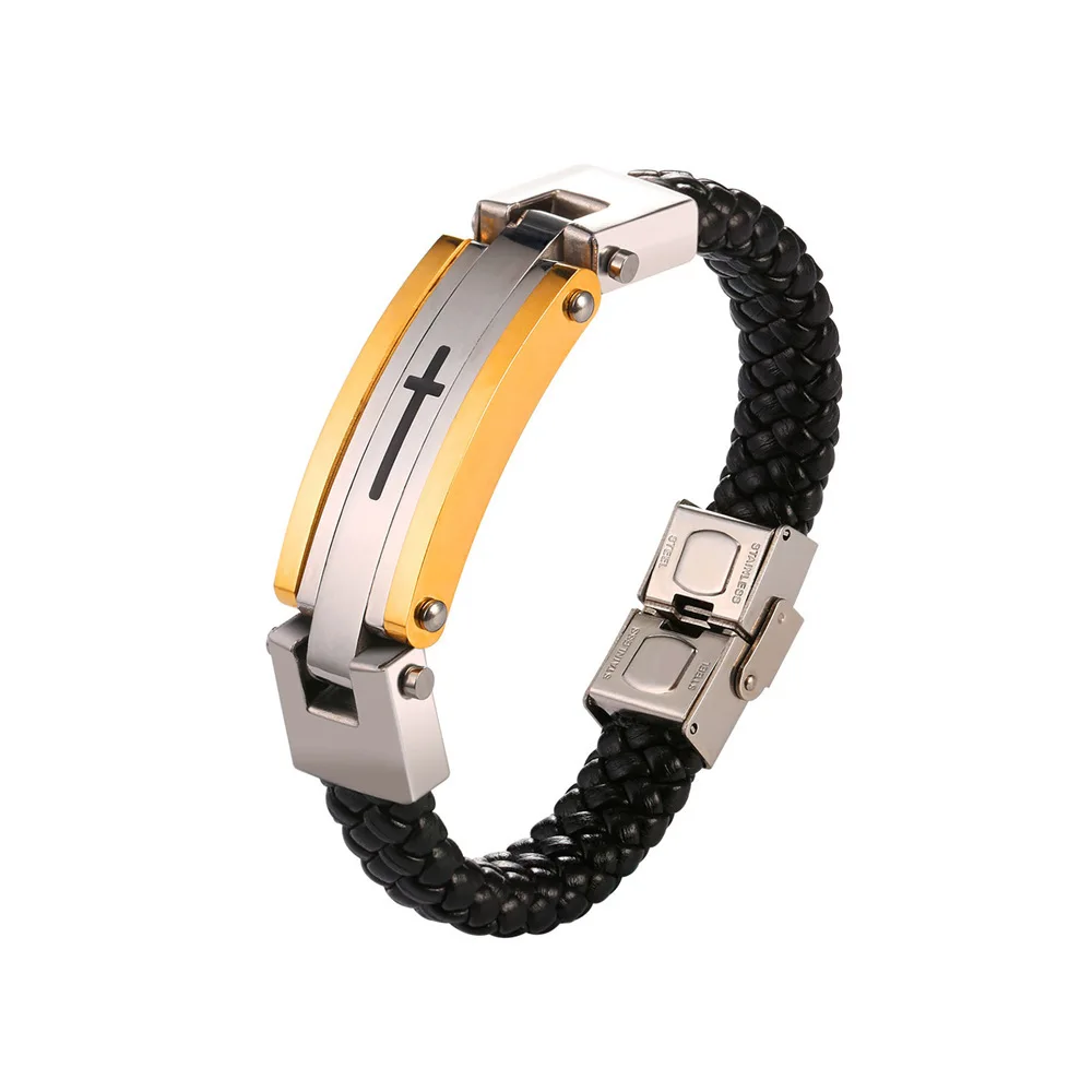 Новая мода кожаный браслет из нержавеющей стали мужские крест золотое покрытие