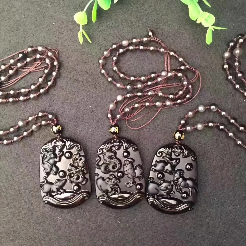 

Drop Shipping Black Rainbow Ice Obsidian Carving Three Animals Lucky Amulet Pendant Healing Reiki Women Men Bead Chain Necklace