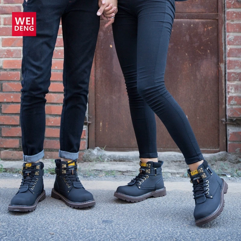 WeiDeng/большие Size35-46; мужские рабочие кожаные зимние ботинки; женские уличные водонепроницаемые классические теплые зимние ботинки на меху; высококачественные ботильоны