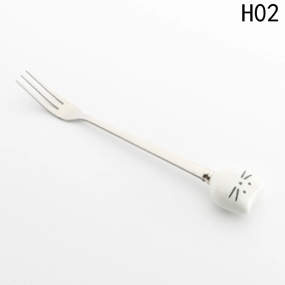 1 pc/Кот вилка из нержавеющей стали ложки с длинной ручкой, помешивая ложкой фруктовая вилка, кофейная ложка Керамика ручка дома вечерние поставки
