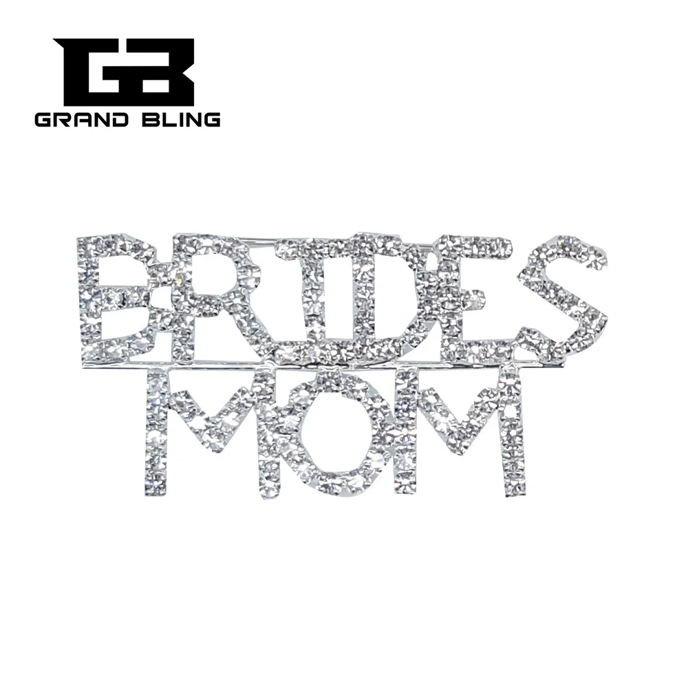 Wedding Theme Jewelry Gift Crystal "BRIDES MOM" Word Brooch Pin for Bride's mother