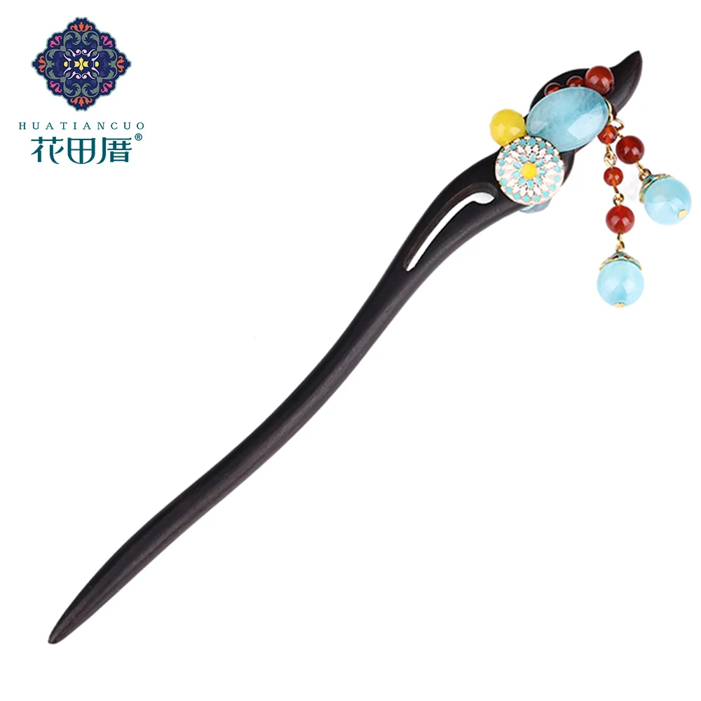 

Ethnic Handmade Tassel Hair Stick For Woman Jewelry Black And Ebony White Blue Shell Petal Red Blue Yellow Stone Bead FZ-17008