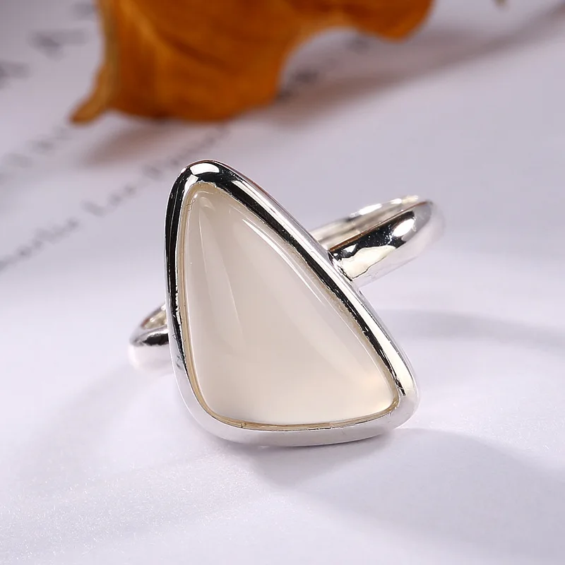 

S925 Pure Silver Inlay Geometry Chalcedony Pomegranate Red Blue Sandst2018 Women Wholesale High-grade Opening Ring Ring