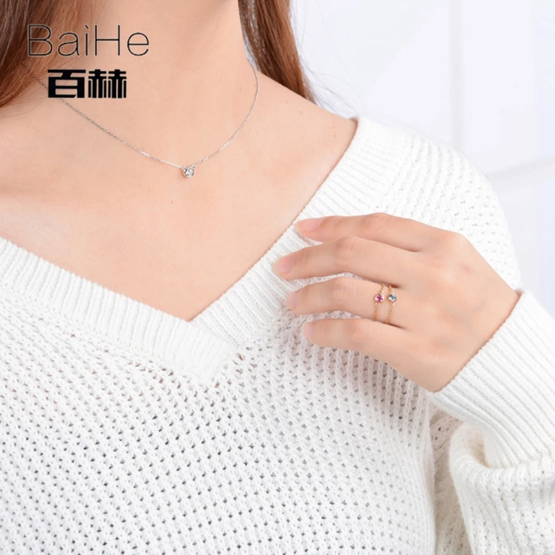 BAIHE Solid 18K желтое золото(AU750) 0.10CT Сертифицированный круглый натуральный алмаз свадебные женские модные ювелирные изделия кольцо
