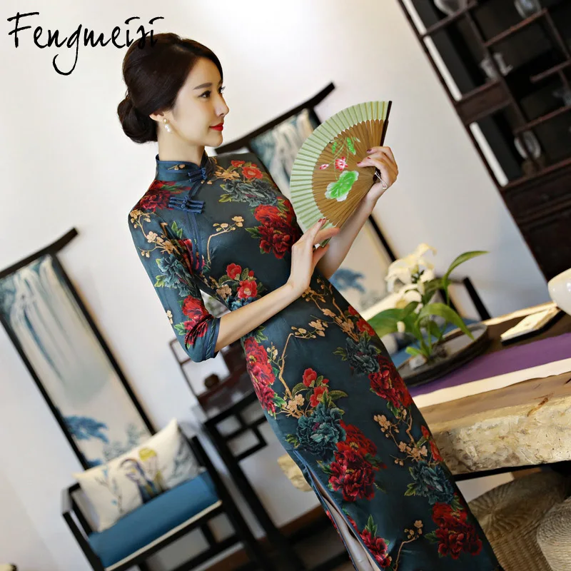 Fengmeisi Для женщин Ципао для девочек длинные Qipao Китайский Стиль шелк сексуальное