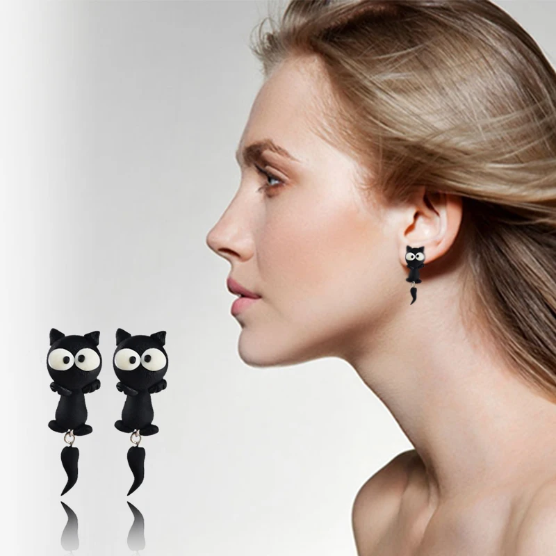 Женские серьги с мультяшным рисунком высококачественные гвоздики черным котом