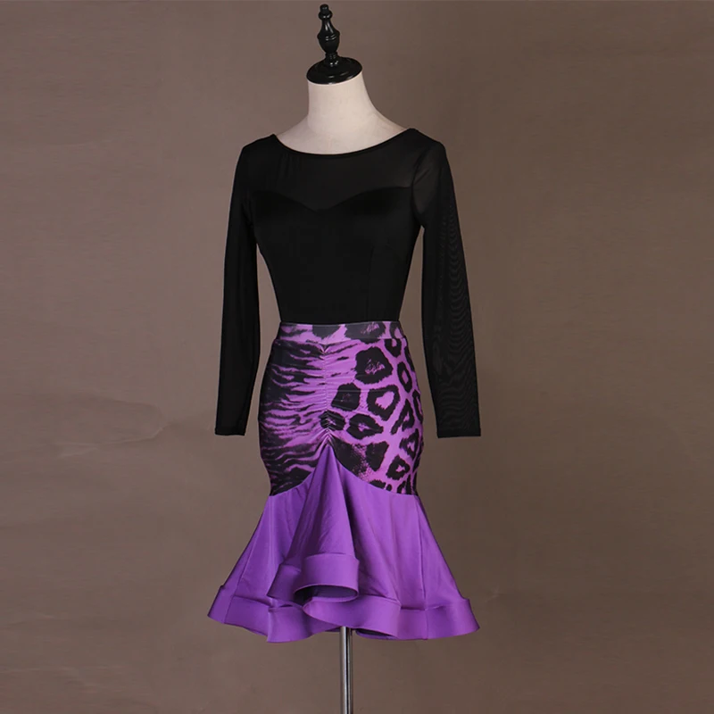 Женский костюм для латиноамериканских танцев черный топ с фиолетовой юбкой