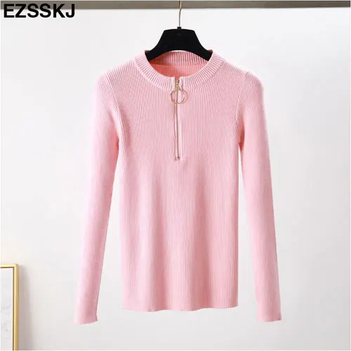 o neck pink Шикарный свитер на молнии, новинка, осенний зимний женский свитер, пуловер, сексуальный женский свитер с круглым вырезом, вязаный тонкий пуловер для женщин - Цвет: o neck pink