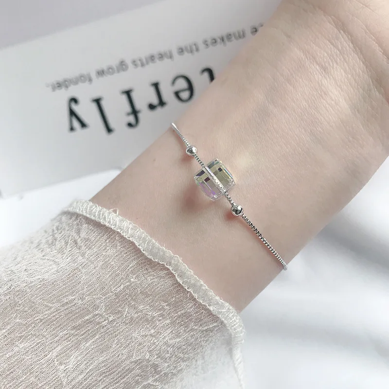 Aurora Square Crystal Real 925 Sterling Silver Bracelets for Women Female Korean Ins Style Box Chain Bracelet Jewelry YBR157 | Украшения и