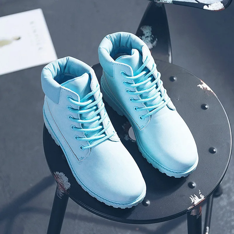 blue Зимние модные ботинки в байкерском стиле; камуфляжные женские зимние ботильоны из искусственной кожи из водонепроницаемого материала; однотонные ботинки на плоской подошве - Цвет: blue