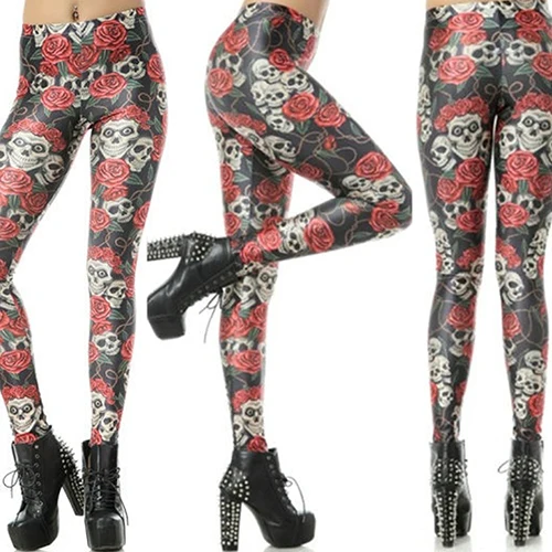 Пикантные Для женщин 3D череп розы Цветочный принт Леггинсы Slim Fit Фитнес
