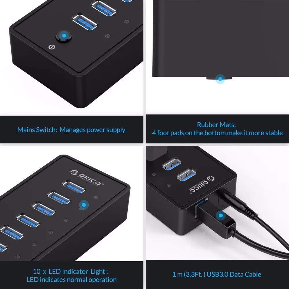 ORICO P10 U3 10 портов USB 3 0 концентратор с фута/1 м USB3.0 кабель VL812 чипсеты и адаптер