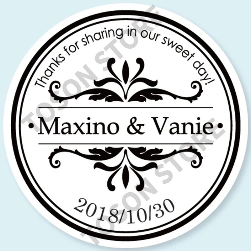 100, Silver laser Customized text logo, Wedding Stickers, Invitations Seals, Candy Favors Gift Boxes Labels, On White Adhesive