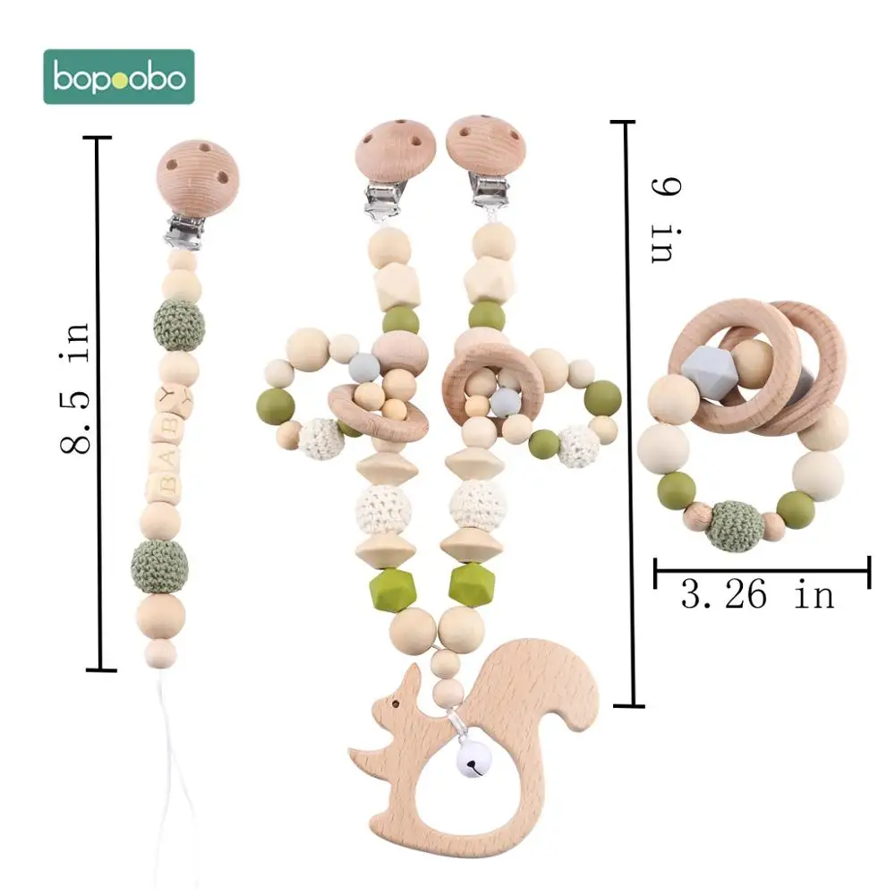 Green set Bopoobo, 3 шт., детский деревянный прорезыватель, животные, погремушка, жевательные силиконовые бусины, для игры в спортзал, коляска, игрушка для кормления, подвеска, подвески, прорезывание зубов - Цвет: Green set