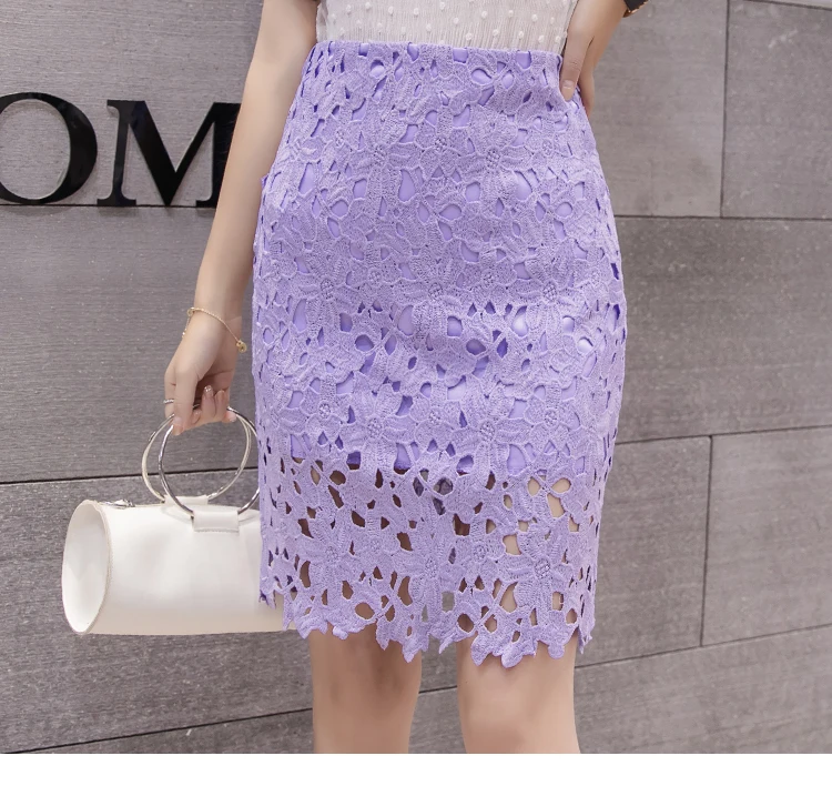 Elegant Lace Pencil Skirts Hollow Out Pink White Black Bandage Short Skirt For Women Spring Summer Work Wear High Waist Skirts