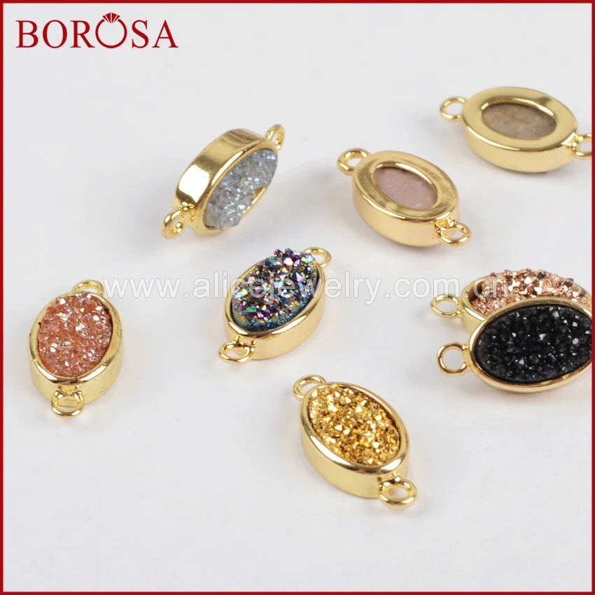 BOROSA Oval Gold Bezel Natural Stone Titanium Rainbow Druzy Connector Double Bails Drusy Necklace Making ZG0142 | Украшения и