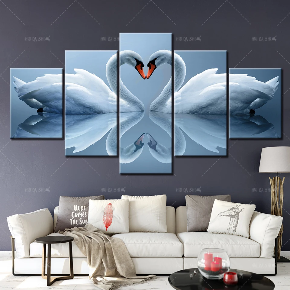 

Oil Painting Picture Animal White Swan Couples Canvas Frame mural HD Prints 5 Panels Wall Art Home Decor Posters For Living Room