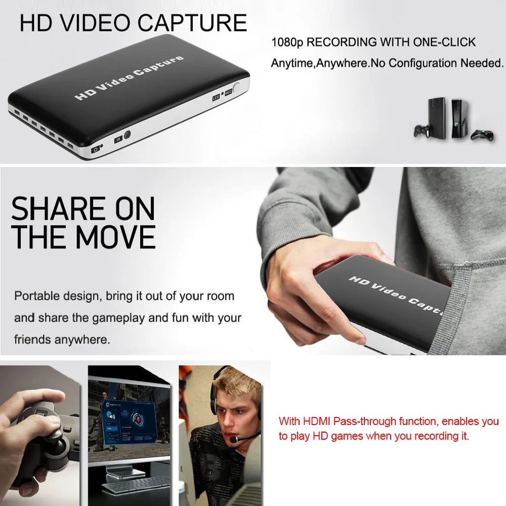 USB 1080P HD видео Захват HDMI HDD игра AV видео Захват рекордер+ дистанционное управление запись игры Поддержка воспроизведения видео
