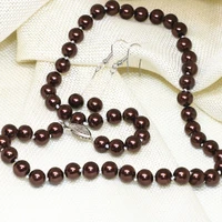 necklace earrings for women 8mm chocolate round simulated pearl shell beads romantic weddings anniversary jewelry 18inch b2348