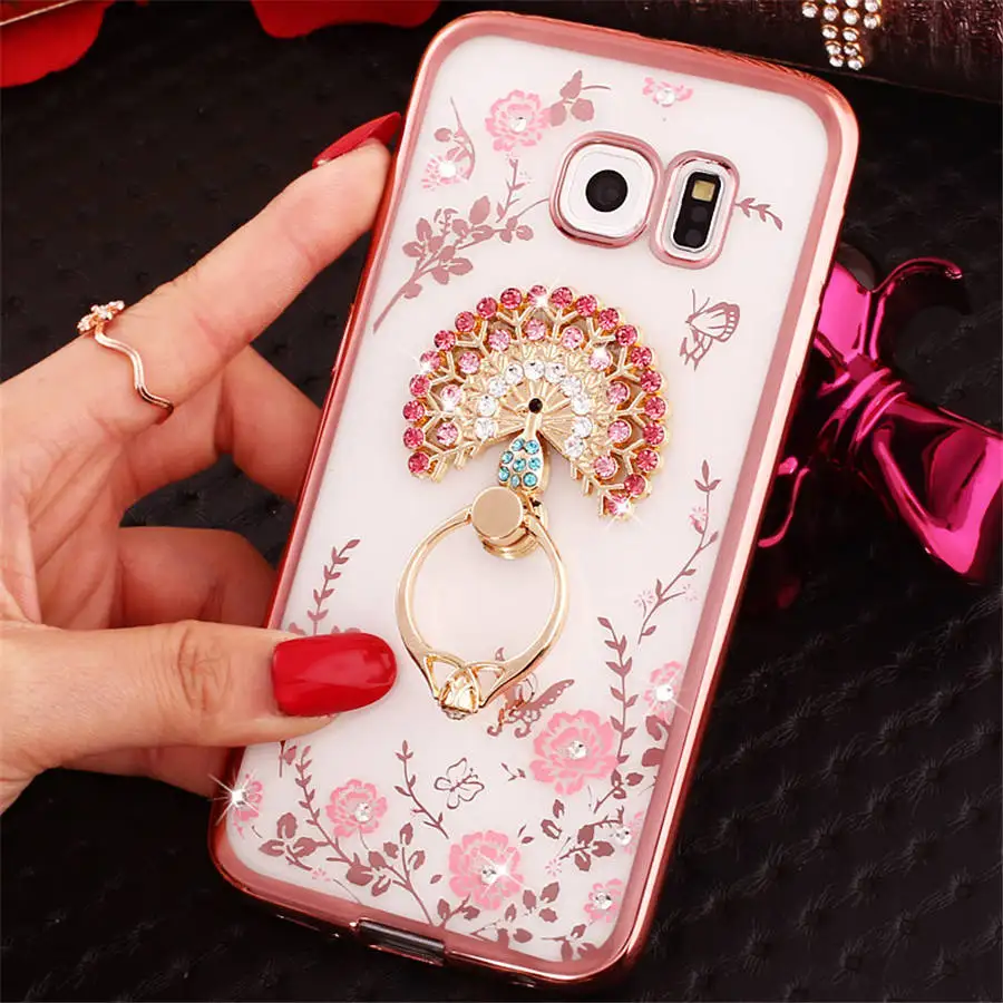 Роскошные Стразы блестящая держатель чехол для телефона для samsung Galaxy S4 S5 S6 край S7 край S8 S9 плюс S10 Note 8 9, со стразами и украшением в виде цветов Чехол - Цвет: Rose Peacock