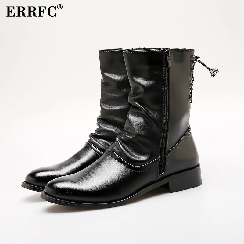 ERRFC Winter New Arrival Men Black Half Boot Round Toe Zip Trend Leisure Mid Calf Fashion Boot For Man Warm Leisure Shoes 37-44
