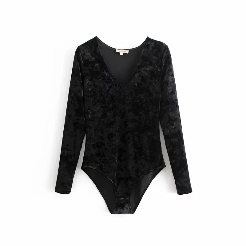 black Женское бархатное боди с v-образным вырезом и длинным рукавом - Цвет: black