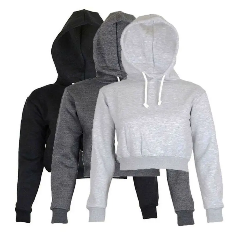Women Sweatshirt Autumn Spring Hooded Solid Color Crop Top Sweatshirt Hooded Full Long Sleeves Sports Pullover Tops Hoodies Hot