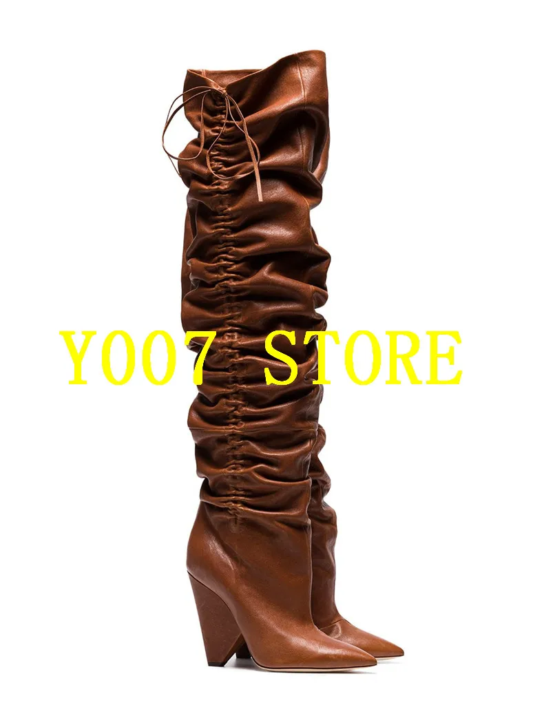 

Genuine Leather Design Winter Shoes Woman Slip On Pleated Thigh High Boots Pointed Toe Spike Heels Elastic Long Botas Mujer 2019