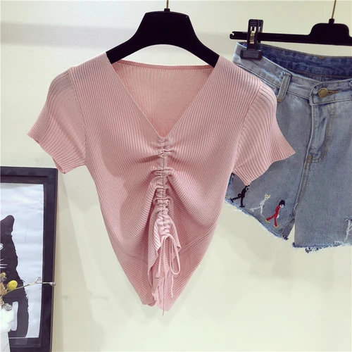 Вязаный топ Drawstring Для женщин рубашка Повседневное блузка короткий женский Chic