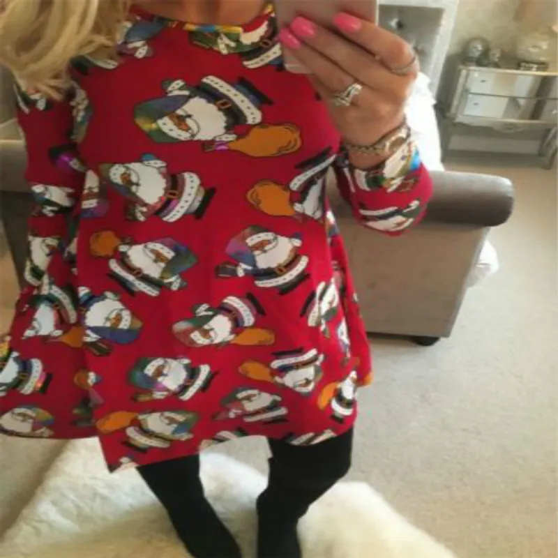 Женское рождественское платье 2017 Модные свободные платья с принтом Санта Клауса