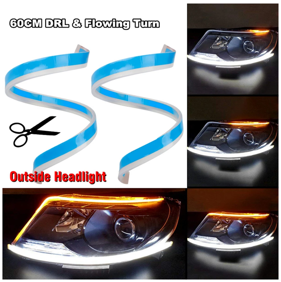 

2PCS 60cm Waterproof Flexible Car led DRL Flow Runs Headlight LED Strip Brake Flowing sequentially Turn Signal Lights IP68