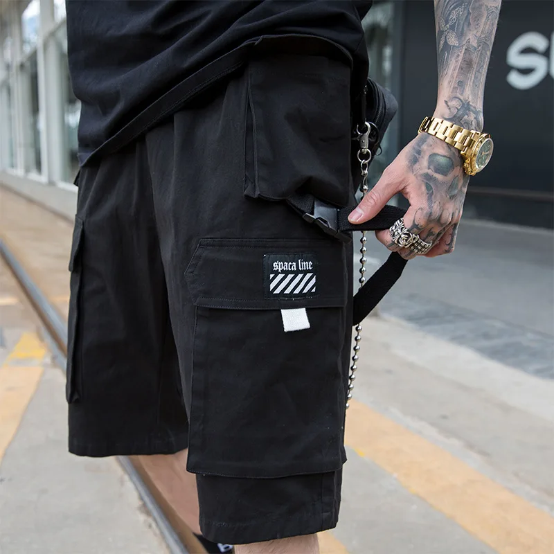 

Men short pants trousers knee length pockets side strap cargo joggers shorts streetwear short pants men hip Hop shorts