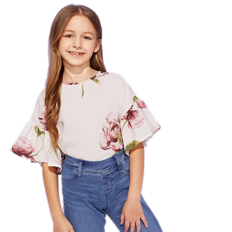 SHEIN/детская блузка с абрикосовым цветочным принтом для девочек; топы для девочек; коллекция года; сезон лето; милые корейские футболки с короткими рукавами и оборками; детская одежда