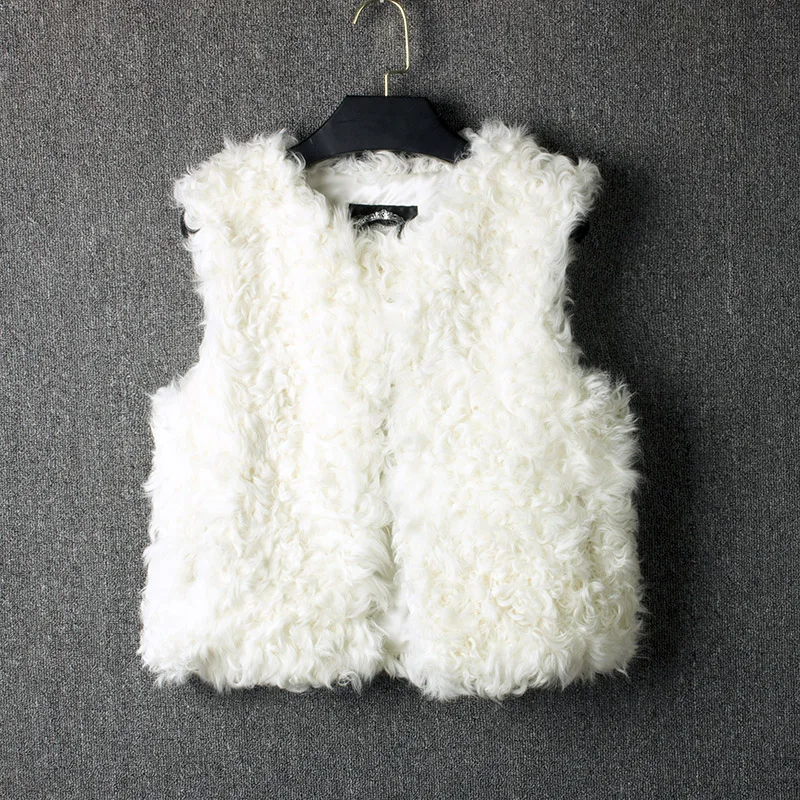 Short lamb fur vest  100%real fur vest  natural fur vest womens fur vests Half round collar