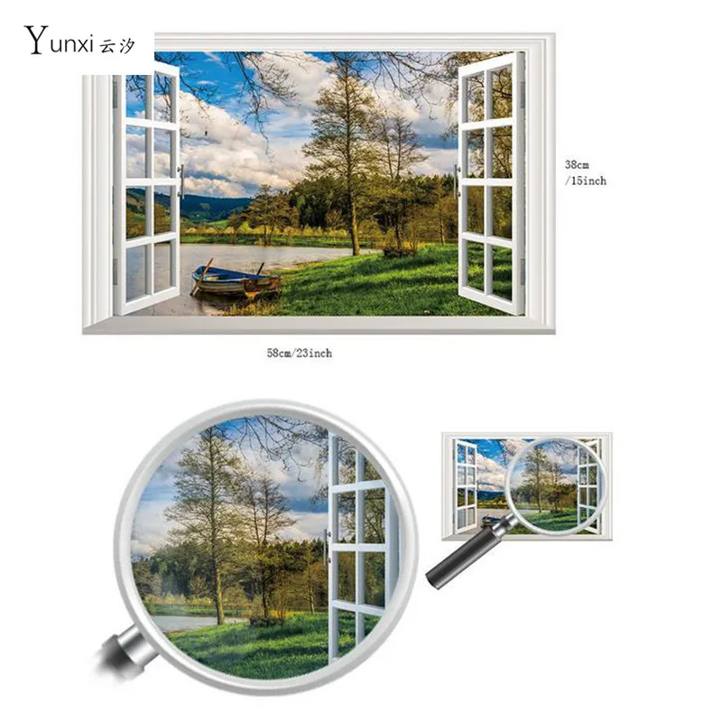 Yunxi Новый 3D Lakeside лодка поддельные окна наклейки стикеры стены PVC спальня гостиная