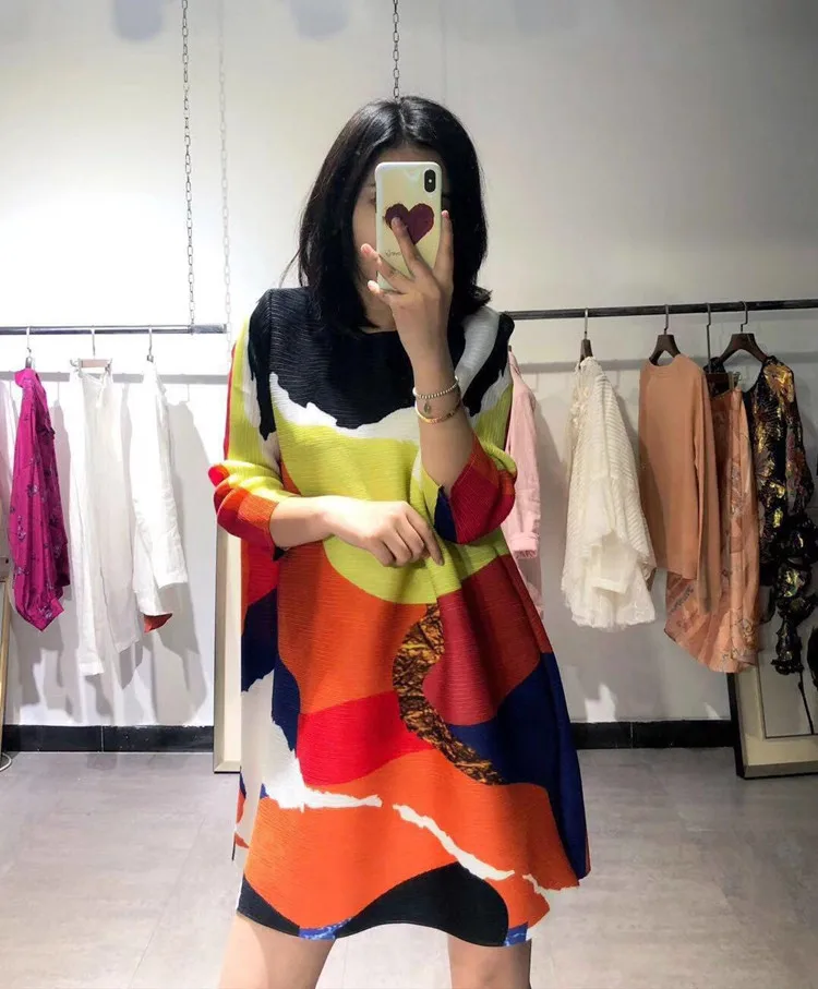 yellow Changpleat Весна Новые принтованные женские футболки топы Miyak плиссированные Модные свободные женские футболки большого размера с круглым вырезом T9 - Цвет: yellow