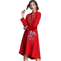 spring autumn v neck embroidery vintage dress 2018 new plum embroidery slim womens dresses tie fashion female vestidos wz445