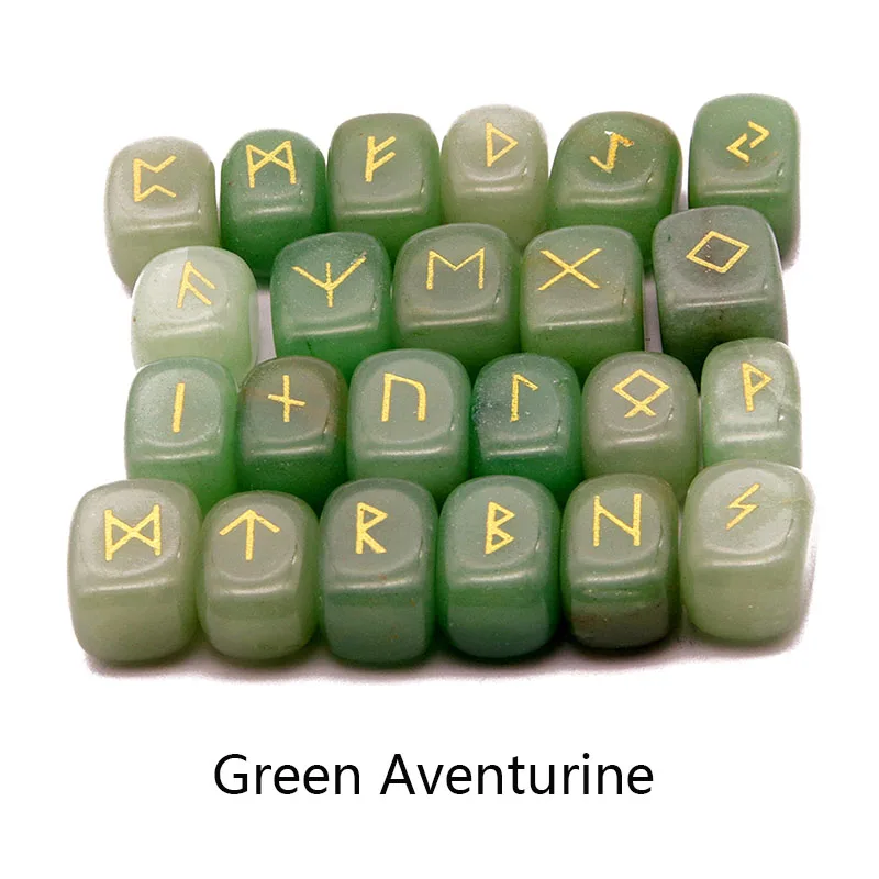 Green Aventurine 25 шт. натуральный камень, с резьбой руны викингов амулет набор рейки руник алфавитов Исцеление Кристаллы кварц гадание камни ювелирные изделия - Окраска металла: Green Aventurine