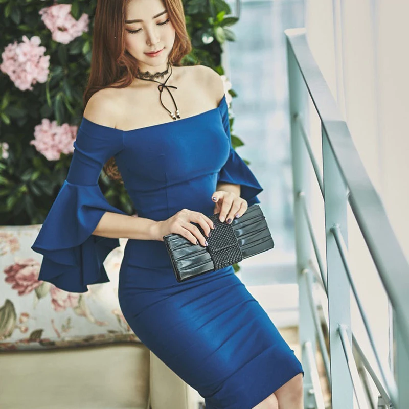 Осень Зима Женское платье синий цвет без бретелек Slash средства ухода за кожей Шеи