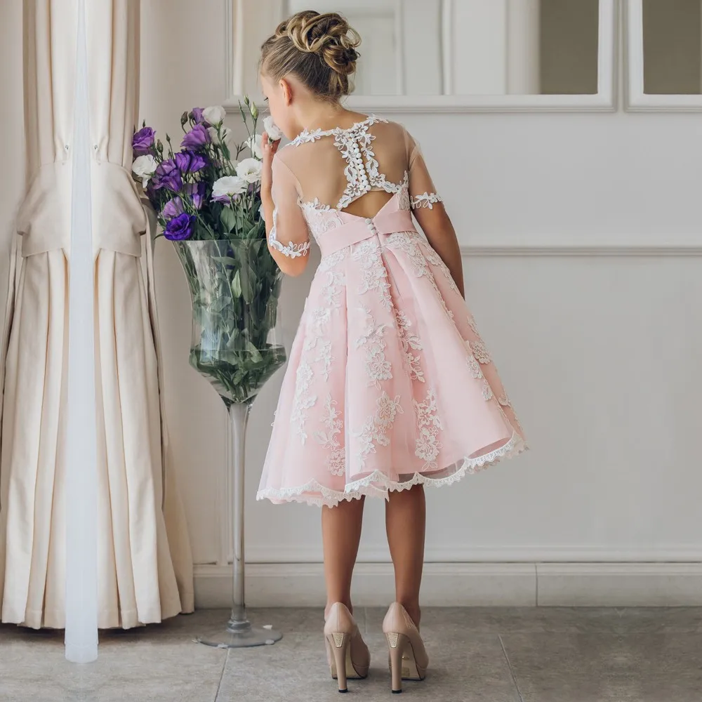 Pink Prince Slim-line Delicate Lace Flower Girl Dress Knee Length Bowknot Short Sleeves A Line High Quality Party Evening | Свадьбы и