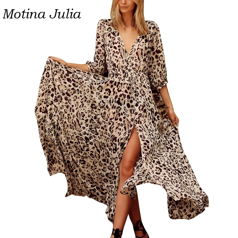Motina Julia 2018 леопардовое Платье женское с v образным вырезом и пуговицами длинное