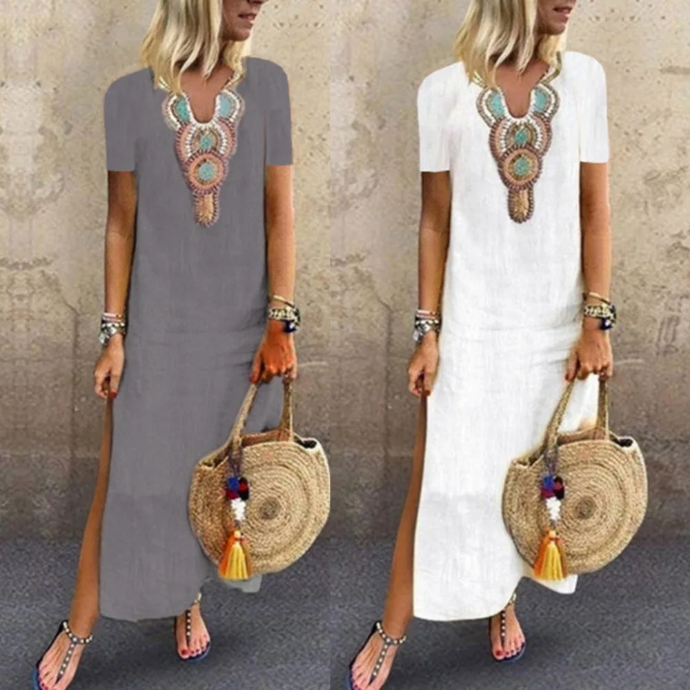 Women Dresses Sexy Women Polyester Print Deep V-neck Side Slit Summer Dress Bohemian Female Maxi Dress Vintage Vestidos 40H
