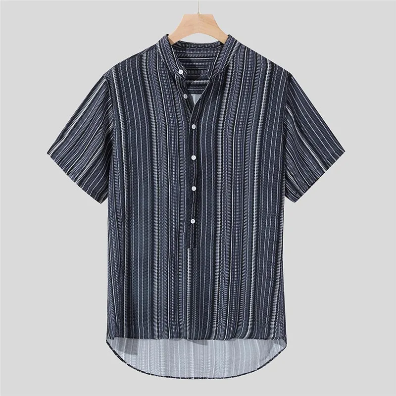 Hip Hop T Shirt Mens Harajuku Summer Fashion Striped Buttons Fly Breathable Short Sleeve Casual Henley Tshirt Dropship L#22 | Мужская